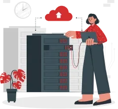 Cartoon woman connected to cloud and physical database.