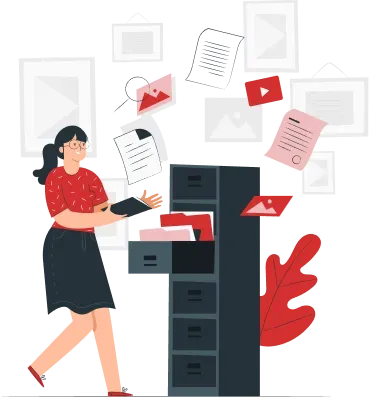 Cartoon woman managing many documents.