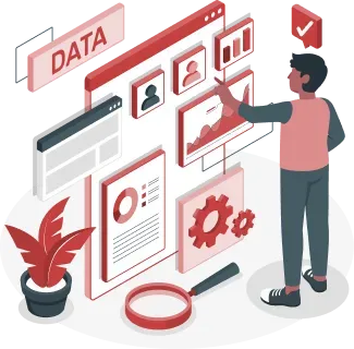 Cartoon man looking at various statistics.