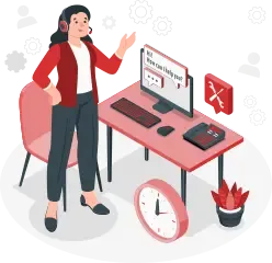 Cartoon woman standing up at desk.