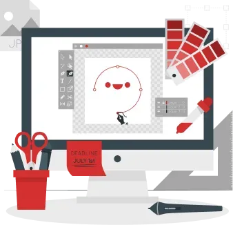 Cartoon of a creative workflow on a desktop.